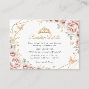 Cartão De Informações Detalhes de Quinceanera Floral Rosa Bege Dourado
