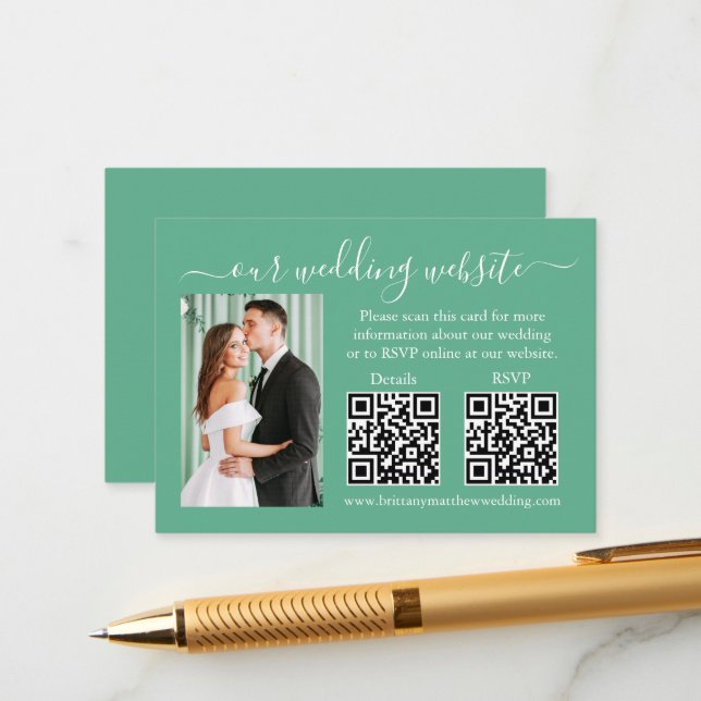 Cartão De Informações Detalhes de RSVP de Casamento Foto 2 QR Mint Green (Frente/Verso In Situ)