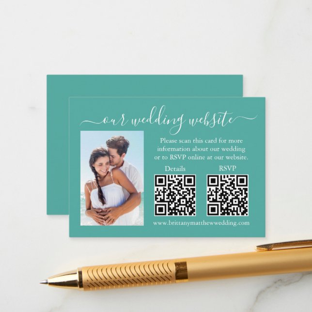 Cartão De Informações Detalhes de RSVP de Casamento Foto 2 QR Teal (Frente/Verso In Situ)