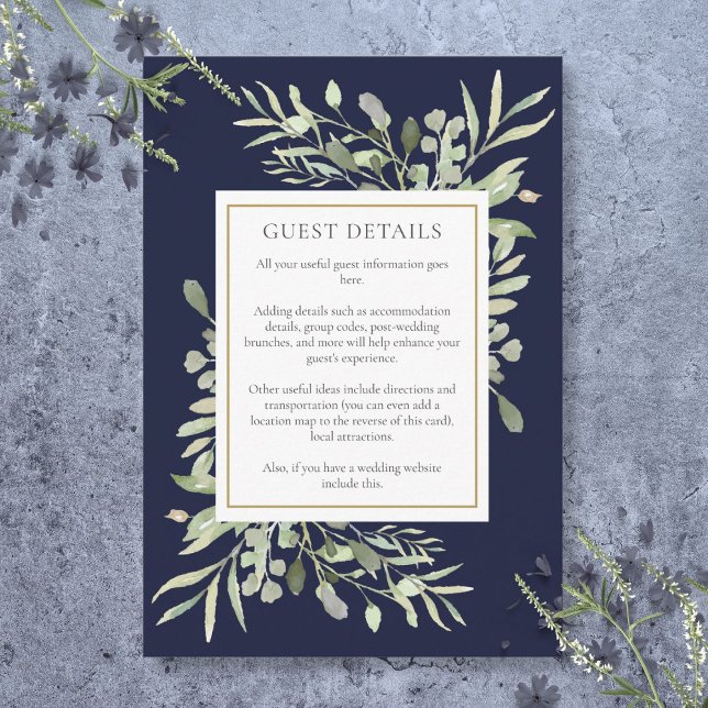 Cartão De Informações Detalhes do Alojamento de Casamento Verde marinho  (Navy Blue Greenery Wedding Accommodation Details Enclosure Card)