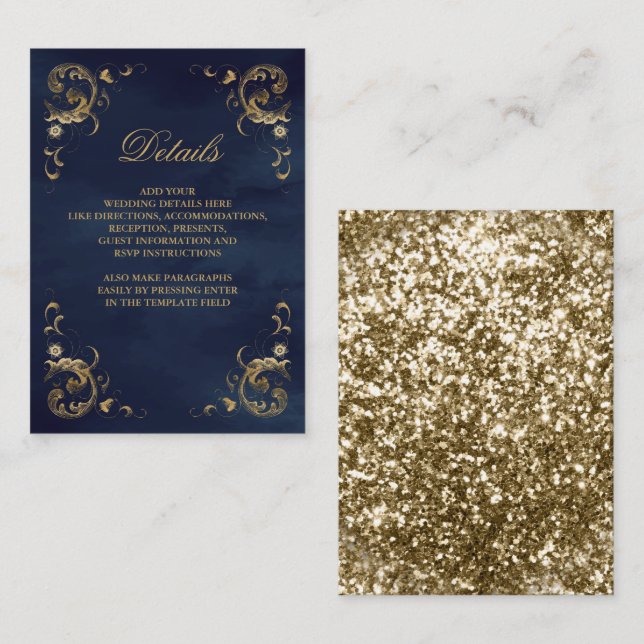 Cartão De Informações Detalhes do Azul do Marinho de Quadro Dourado Ante (Frente/Verso)