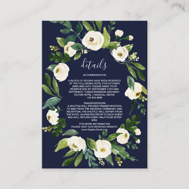 Cartão De Informações Detalhes do Azul Floral Escuro Branco da Elegante  (Frente)