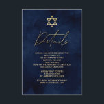 Cartão De Informações Detalhes do Bar de Aquarela Azul Dourado Mitzvah<br><div class="desc">Esta carta de detalhes do Bar moderno e artístico Mitzvah é a escolha perfeita para seu filho para seu dia especial. Ele apresenta um fundo azul marinho pintado manualmente. No topo do convite está uma falsa estrela de ouro impressa de David e tipografia personalizada. É um design único, legal e...</div>