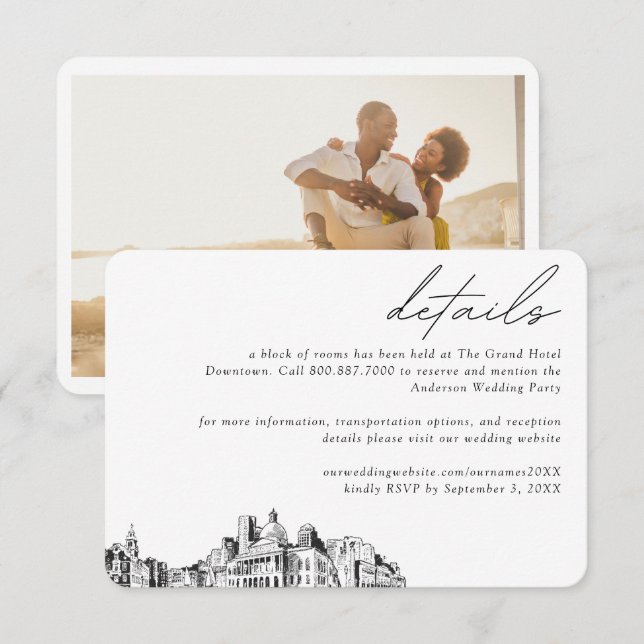 Cartão De Informações Detalhes do Bloco do Hotel Boston Wedding (Frente/Verso)