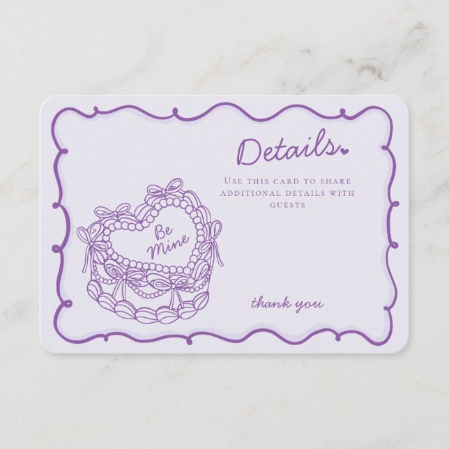 Cartão De Informações Detalhes do Bolo Coquette Coração Arco Roxo Retro  (Frente)