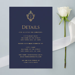 Cartão De Informações Detalhes do Brasão Casamento Azul Marinho Monogram