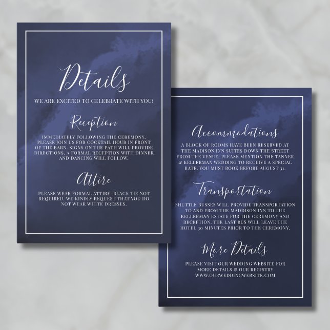 Cartão De Informações Detalhes do Casamento Azul do Marinho Elegante (Elegant Navy Blue Wedding Details Enclosure Card)