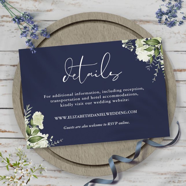 Cartão De Informações Detalhes do Casamento Azul do Marinho Elegante Gre (Greenery Elegant Navy Blue Wedding Details Enclosure Card)