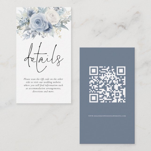 Cartão De Informações Detalhes do Casamento Azul Dusty com Código QR das (Frente/Verso)