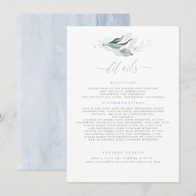 Cartão De Informações Detalhes do Casamento Azul Dusty Elegante Greenery (Frente/Verso)