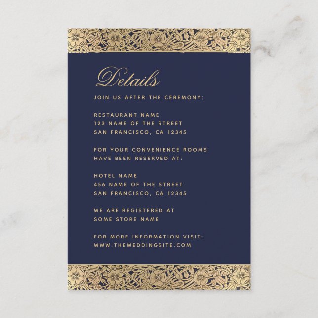 Cartão De Informações Detalhes do Casamento Azul marinho - Rosas Dourado (Frente)