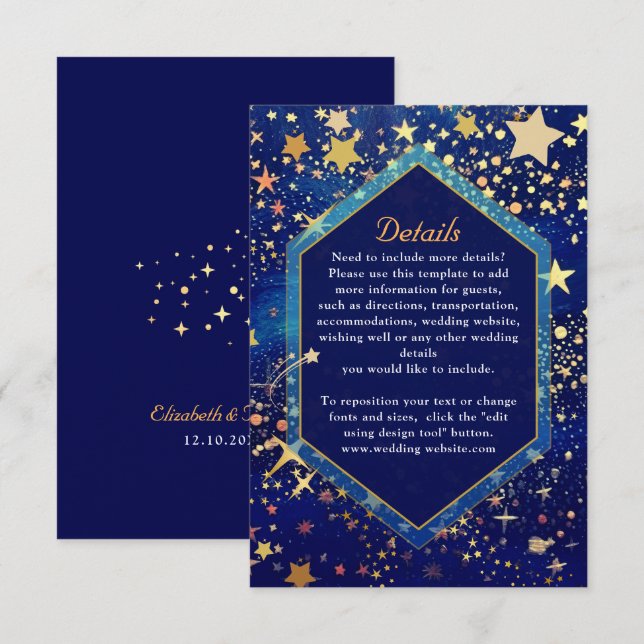 Cartão De Informações Detalhes do casamento azul-noite celestial (Frente/Verso)