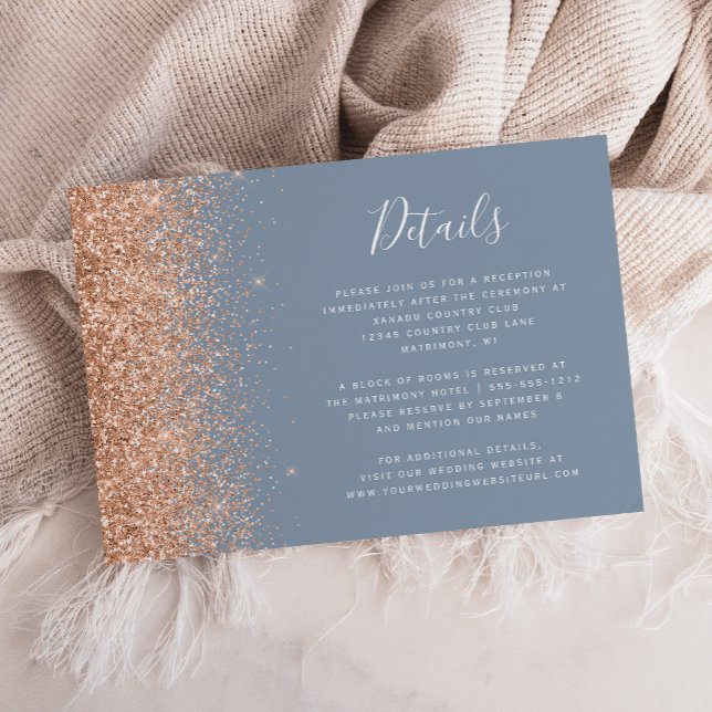 Cartão De Informações Detalhes do Casamento Azul Peach Glitter Dusty (Criador carregado)