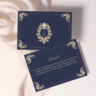Cartão De Informações Detalhes do Casamento Barroco Navy Dourado