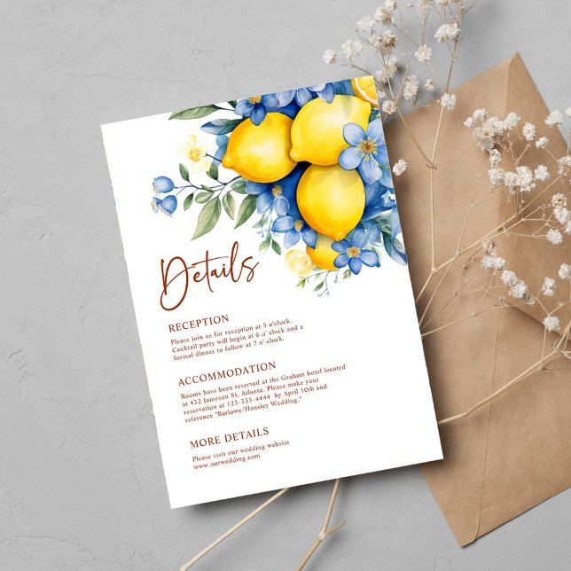 Cartão De Informações Detalhes do Casamento Botânico com Lemon de Aquare (Watercolor Lemon Botanical Wedding Details Enclosure Card)