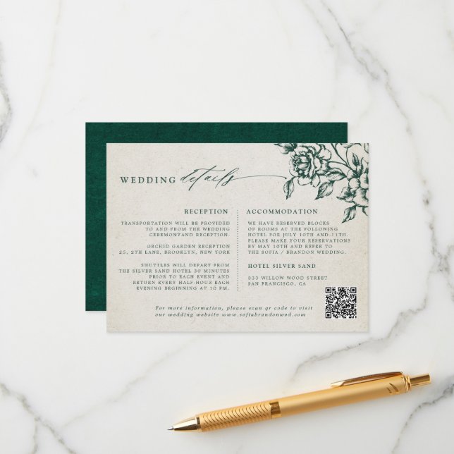 Cartão De Informações Detalhes do Casamento Botânico de Emerald Greenery (Frente/Verso In Situ)