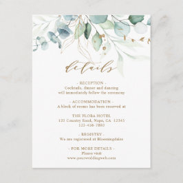 Cartão De Informações Detalhes do Casamento Botânico Dourado e Verde