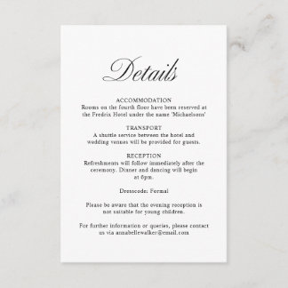 Cartão De Informações Detalhes do Casamento Branco Formal do Script Eleg