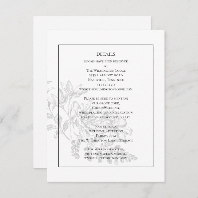 Cartão De Informações Detalhes do Casamento Branco Negro Floral Moderno  (Frente/Verso)