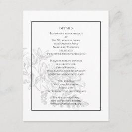 Cartão De Informações Detalhes do Casamento Branco Negro Floral Moderno 