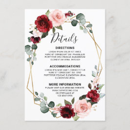 Cartão De Informações Detalhes do Casamento Burgundy Wine Azul Desbotado