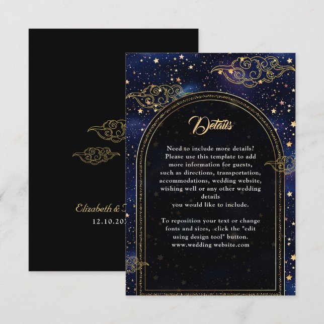 Cartão De Informações Detalhes do casamento celestial místico elegante (Frente/Verso)