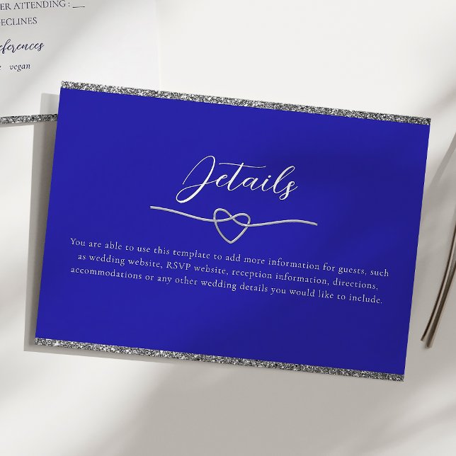 Cartão De Informações Detalhes do Casamento Chic Silver e Royal Blue (Criador carregado)