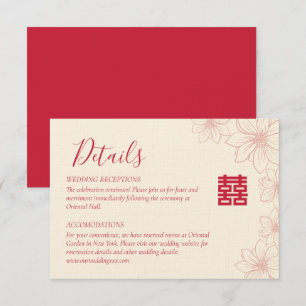 Cartão De Informações Detalhes do casamento chinês floral vermelho e beg