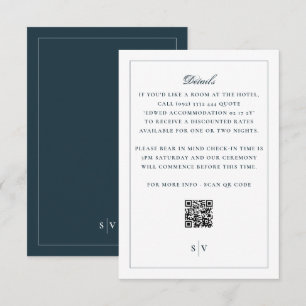 Cartão De Informações Detalhes do Casamento Código QR Verso Navy Branco 