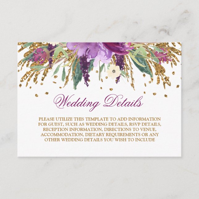 Cartão De Informações Detalhes do Casamento com Aquarela e Amethista Bri (Frente)