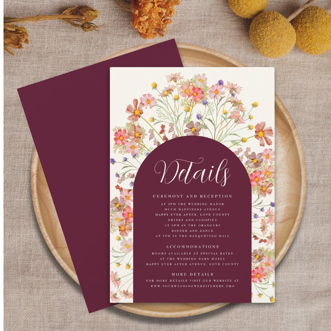 Cartão De Informações Detalhes do Casamento com Arco Floral Rústico Boho (Burgundy and ivory cream boho fall rustic floral arch wedding details enclosure card Watercolor )