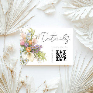 Cartão De Informações Detalhes do Casamento com código QR Branco Floral