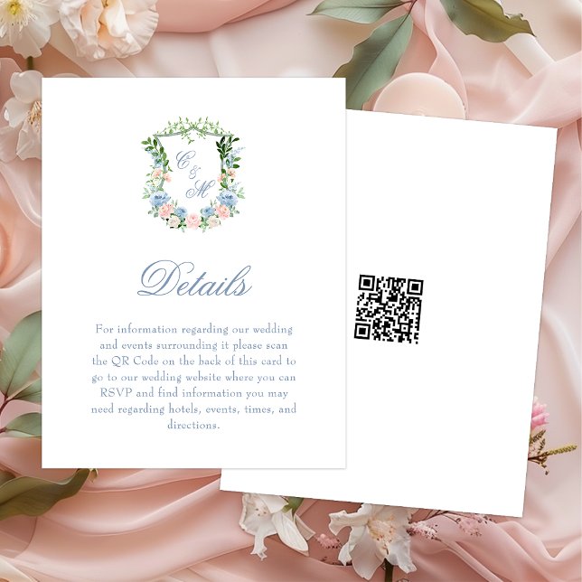 Cartão De Informações Detalhes do Casamento com Crista Floral Azul Poeir (Criador carregado)