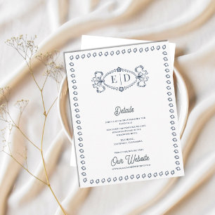 Cartão De Informações Detalhes do Casamento com Crista Monograma Azul Po