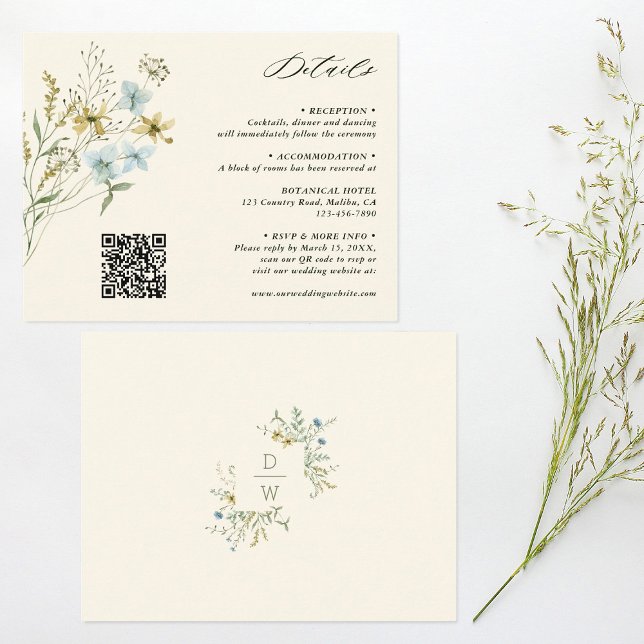 Cartão De Informações Detalhes do Casamento com Flor Silvestre Delicada  (Front & Back)