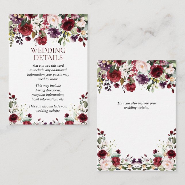 Cartão De Informações Detalhes do Casamento com Floral em Aquarela Burgu (Frente/Verso)