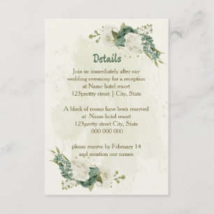 Cartão De Informações detalhes do casamento com flores brancas e verde s