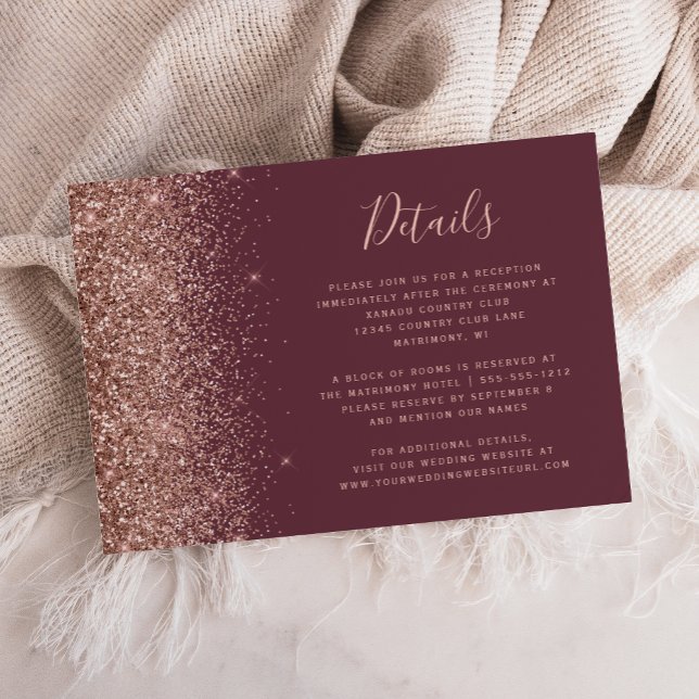 Cartão De Informações Detalhes do Casamento com Glitter Dourado Rosa da  (Criador carregado)
