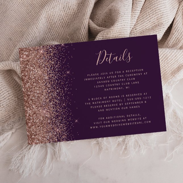 Cartão De Informações Detalhes do Casamento com Glitter Dourado Rosa Rox (Criador carregado)