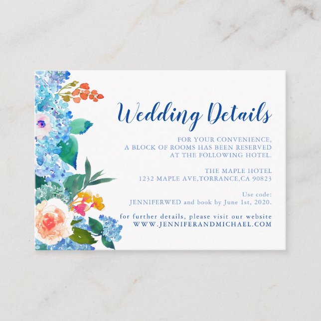 Cartão De Informações "Detalhes do Casamento com Hortênsias em Aquarela (Frente)