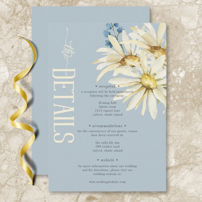 Cartão De Informações Detalhes do Casamento com Margaridas Rústicas em A (Rustic Blue & White Daisies Wedding Details Enclosure Card)