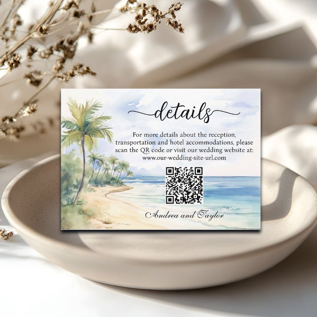 Cartão De Informações Detalhes do Casamento com QR Code de Praia e Palme (Criador carregado)