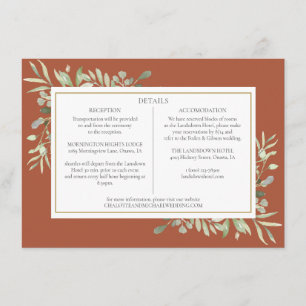 Cartão De Informações Detalhes do Casamento com Verde Terracota Informaç