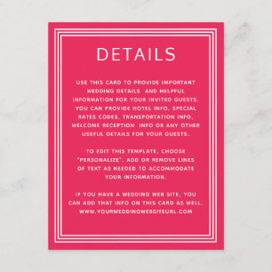 Cartão De Informações Detalhes do Casamento Cor-de-Rosa Cor-de-Rosa Simp