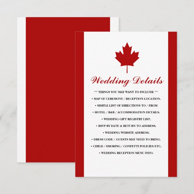 Cartão De Informações Detalhes do Casamento da Bandeira Canadense (Frente/Verso)