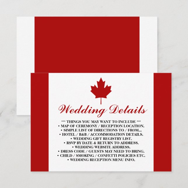 Cartão De Informações Detalhes do Casamento da Bandeira Canadense (Frente/Verso)