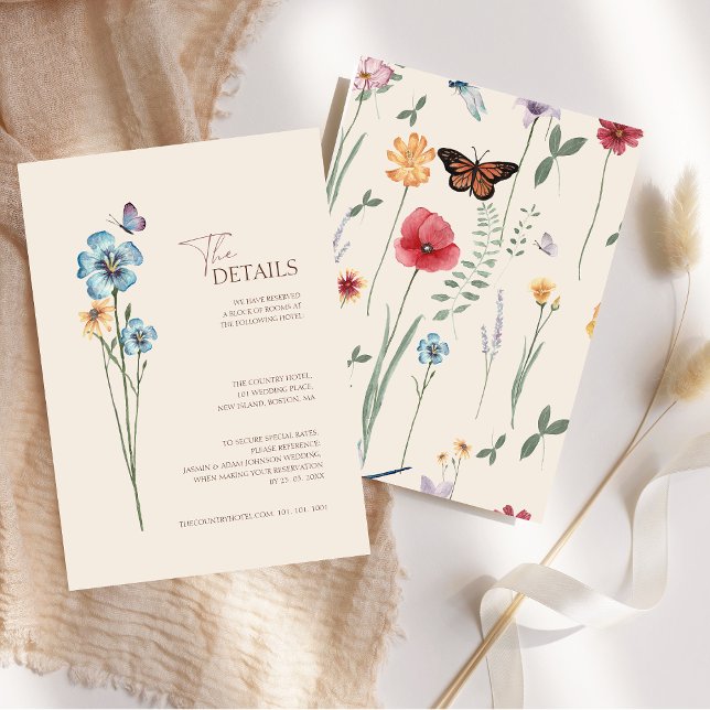 Cartão De Informações Detalhes do Casamento da Borboleta Azul Simples (Simple Blue Wildflower Butterfly Wedding Details Enclosure Card)