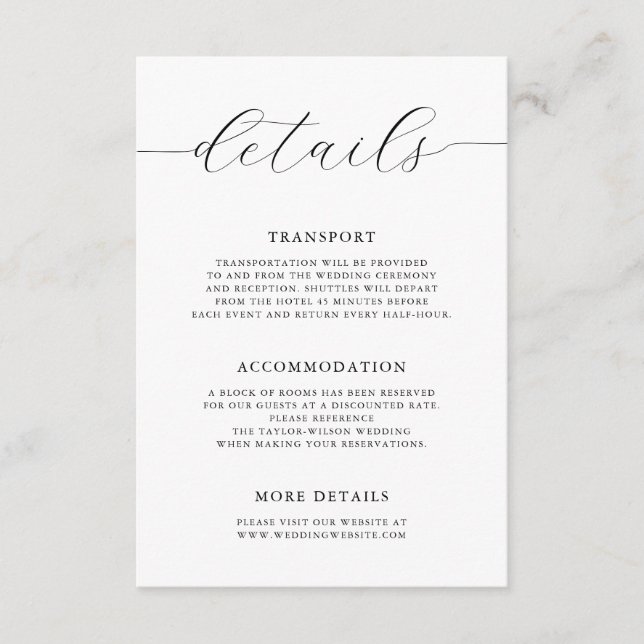 Cartão De Informações Detalhes do Casamento da Caligrafia Romântica Mode (Frente)