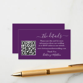 Cartão De Informações Detalhes do Casamento da Caligrafia Site QR Purple