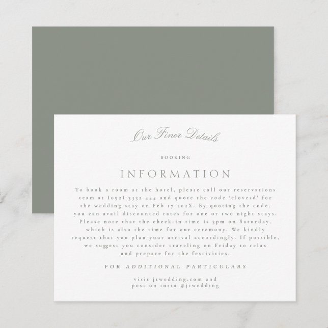 Cartão De Informações Detalhes do Casamento da Caligrafia Verde da Cinza (Frente/Verso)